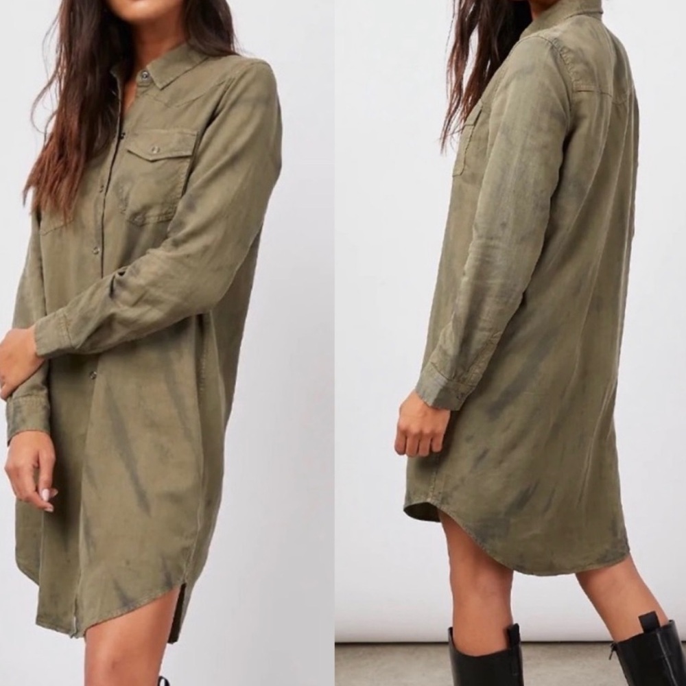 Rails Sandra linen blend snap button Olive green black tie dye shirt Dress M